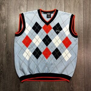 Vintage FUBU Sports Argyle Sweater Vest XXL Light Blue Orange Navy 90s Hip Hop